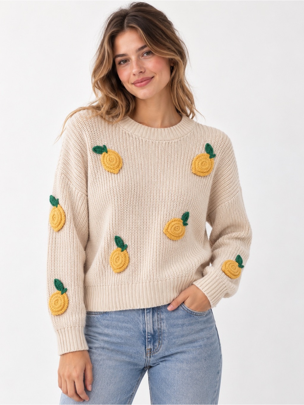 Cynthia Rowley Womens XS Cream Lemon Crochet Applique Knit Sweater Cottagecore